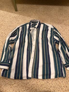 Men's Striped Button-Down Shirt in Navy, Green & White